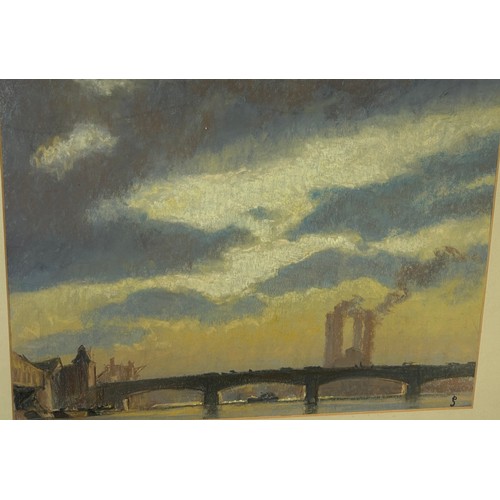 8 - PAT JOBSON: A PASTEL DRAWING TITLED 'SUNSET, CHELSEA', 

Label to verso for the Wapping Group of Art... 