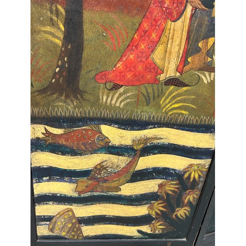 91 - A LARGE MUGHAL PAINTED FIVE FOLD FLOOR SCREEN DEPICTING FIGURES WITH A RIVER AND FISH, 

286cm x 181... 