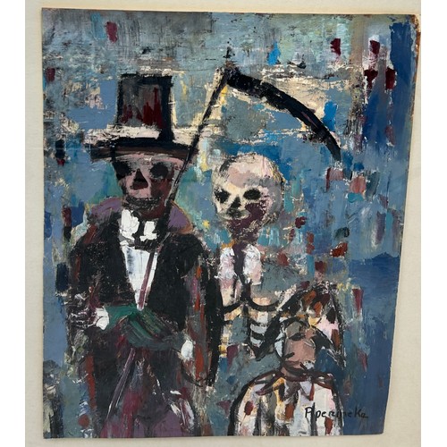 44 - PAUL PERMEKE (1918-1990): AN OIL PAINTING ON PAPER OR CARD DEPICTING A SKELETON COUPLE, ONE HOLDING ... 