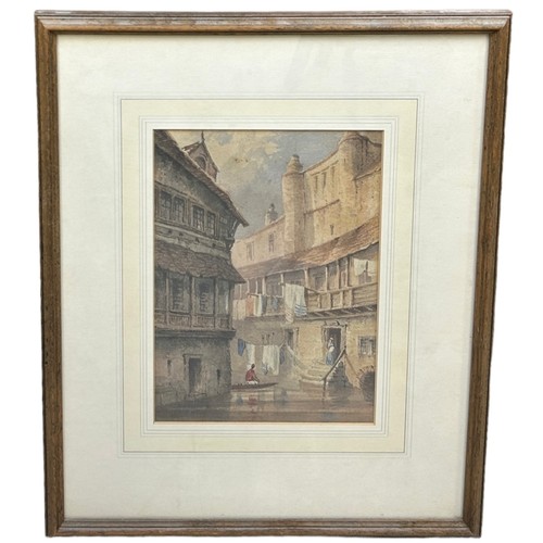 92 - IN THE MANNER OF SAMUEL PROUT (1783-1852): A WATERCOLOUR PAINTING ON PAPER DEPICTING A CANAL SCENE W... 