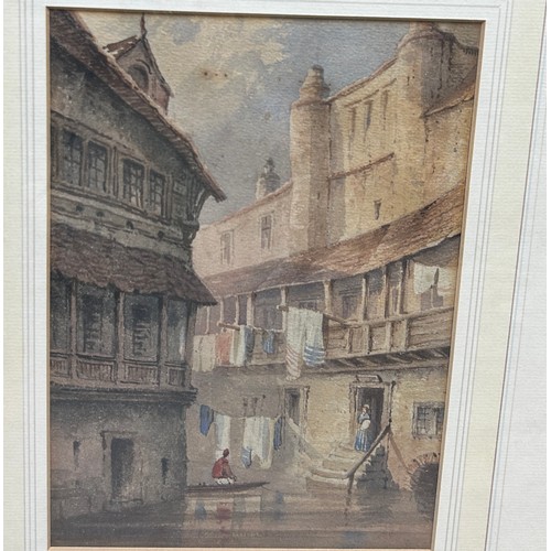 92 - IN THE MANNER OF SAMUEL PROUT (1783-1852): A WATERCOLOUR PAINTING ON PAPER DEPICTING A CANAL SCENE W... 