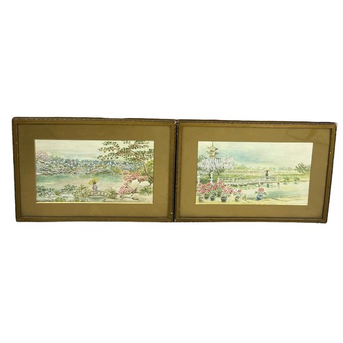 94 - A PAIR OF ORIENTALIST WATERCOLOUR DRAWINGS ON PAPER DEPICTING A FIGURE HOLDING A PARASOL ON A BRIDGE... 