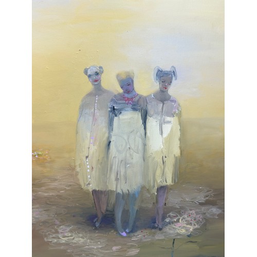 58A - KRISTIN VESTGARD (B.1976): A LARGE OIL PAINTING ON CANVAS TITLED 'UNDERGROWTH' DEPICTING THREE GIRLS... 