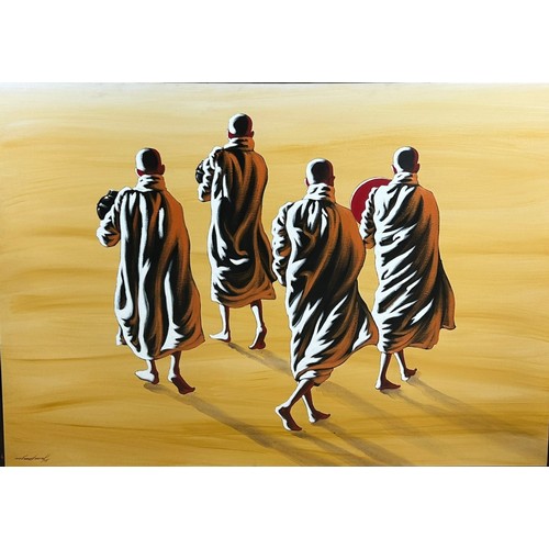 57 - MIN WAE AUNG (BURMESE B.1960): AN ACYRLIC PAINTING ON CANVAS DEPICTING FOUR MONKS, 

127cm x 92cm 

... 