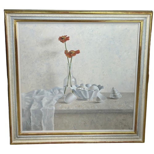 58 - KEES ALDERLIESTEN: AN OIL PAINTING ON CANVAS TITLED 'WHITE BOWL WITH POPPIES', 

80cm x 80cm 

Prove... 