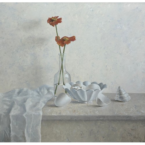 58 - KEES ALDERLIESTEN: AN OIL PAINTING ON CANVAS TITLED 'WHITE BOWL WITH POPPIES', 

80cm x 80cm 

Prove... 