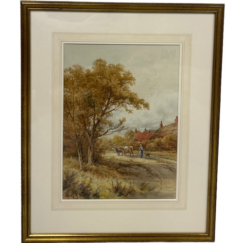 111 - HENRY H. PARKER (BRITISH 1858-1930): A WATERCOLOUR PAINTING ON PAPER DEPICTING A LANDSCAPE WITH A FI... 