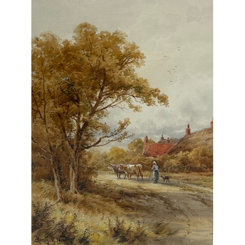 111 - HENRY H. PARKER (BRITISH 1858-1930): A WATERCOLOUR PAINTING ON PAPER DEPICTING A LANDSCAPE WITH A FI... 