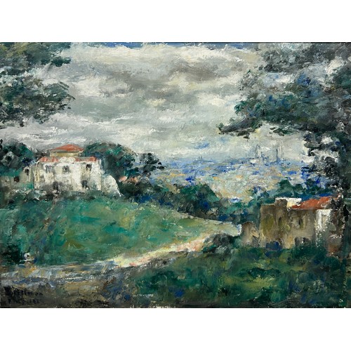 61 - SIGFRID ULLMAN (SWEDISH 1886-1960): AN OIL PAINTING ON CANVAS DEPICTING A LANDSCAPE SCENE, 

74cm x ... 