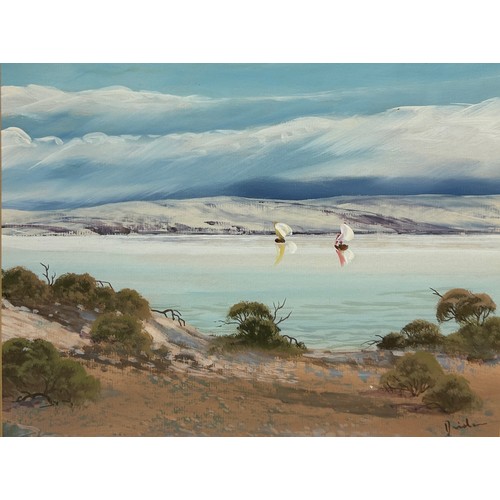 102 - DAVID DRIDEN (AUSTRALIAN B.1932): A PAINTING ON PAPER 'SUNDAY COORONG', 

Label to verso 'Thomas Agn... 