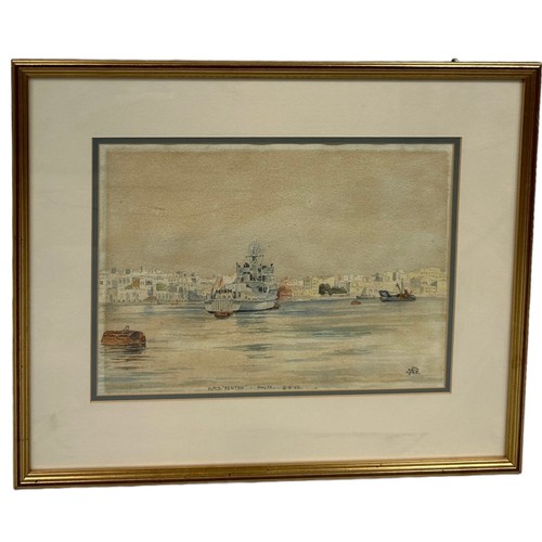 103 - A WATERCOLOUR PAINTING ON PAPER DEPICTING H.M.S FENTON IN MALTA, 

34cm x 24cm 

Mounted in a frame ... 