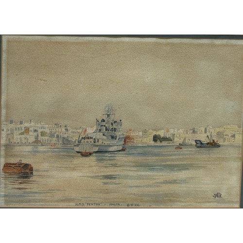 103 - A WATERCOLOUR PAINTING ON PAPER DEPICTING H.M.S FENTON IN MALTA, 

34cm x 24cm 

Mounted in a frame ... 