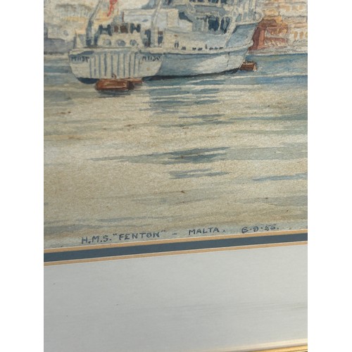 103 - A WATERCOLOUR PAINTING ON PAPER DEPICTING H.M.S FENTON IN MALTA, 

34cm x 24cm 

Mounted in a frame ... 