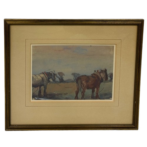 104 - A WATERCOLOUR PAINTING ON PAPER DEPICTING TWO HORSES, 

Labelled to verso 'Harry Buckler'. 

29cm x ... 