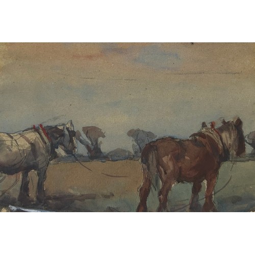 104 - A WATERCOLOUR PAINTING ON PAPER DEPICTING TWO HORSES, 

Labelled to verso 'Harry Buckler'. 

29cm x ... 