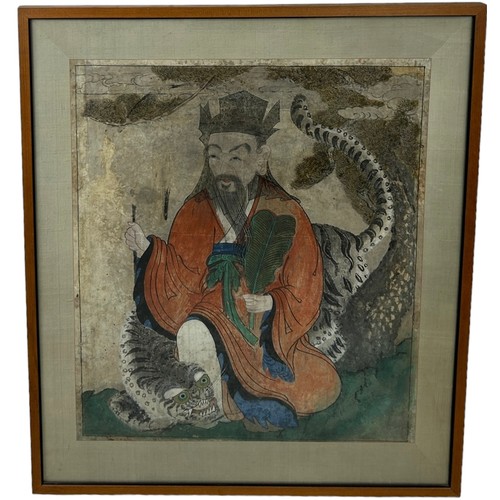 106 - A KOREAN PAINTING DEPICTING SANSHIN AND TIGER,

83cm x 71cm 

Mounted in a frame and glazed. 

107cm... 