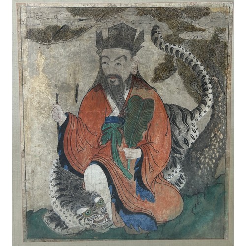 106 - A KOREAN PAINTING DEPICTING SANSHIN AND TIGER,

83cm x 71cm 

Mounted in a frame and glazed. 

107cm... 