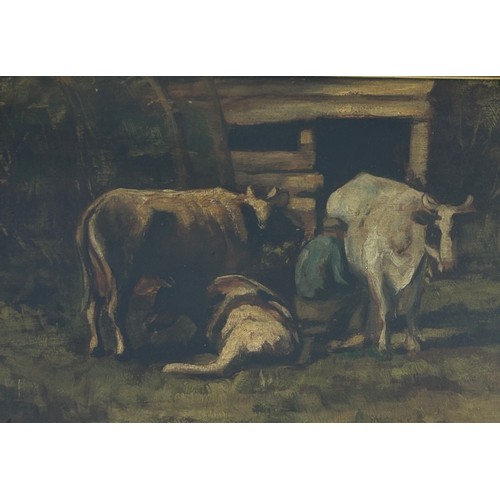 84 - ATTRIBUTED TO WILLEM MARIS (DUTCH 1844-1910): AN OIL PAINTING ON CANVAS 'MILKING CATTLE', 

39cm x 2... 