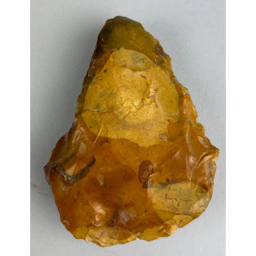 146 - A PALAEOLITHIC FLINT HAND AXE,

11cm x 8cm 

From Medway, Kent.

Old British collection