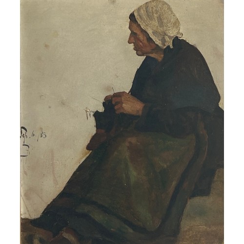 7 - FRANK BRAMLEY RA (BRITISH 1857-1915): AN OIL PAINTING ON BOARD DEPICTING A LADY KNITTING, 

Dated Fe... 