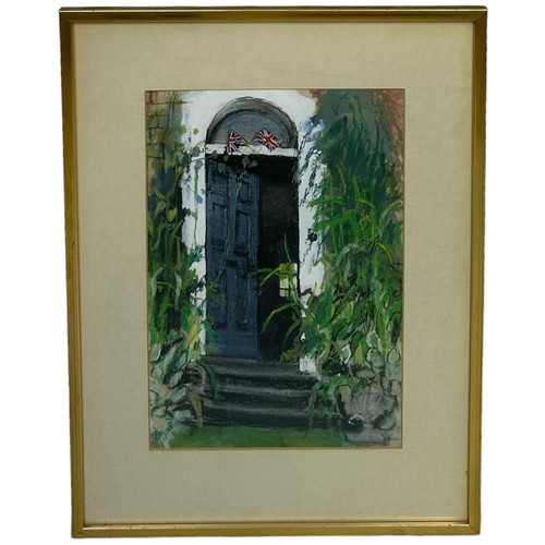 89 - AN ACRYLIC PAINTING ON PAPER DEPICTING A DOORWAY WITH STEPS AND GREAT BRITISH FLAGS, 

Signed Powell... 