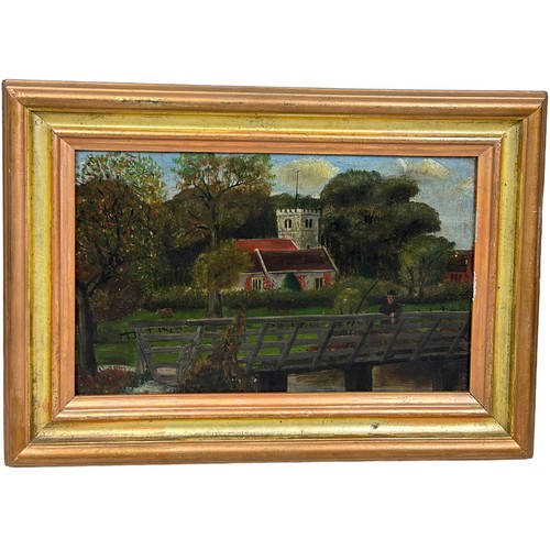 82 - AN OIL PAINTING ON CANVAS DEPICTING A FIGURE STANDING ON A BRIDGE WITH SPETISBURY CHURCH IN THE BACK... 