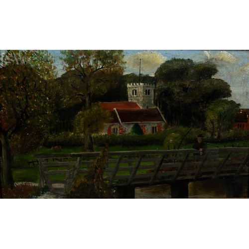 82 - AN OIL PAINTING ON CANVAS DEPICTING A FIGURE STANDING ON A BRIDGE WITH SPETISBURY CHURCH IN THE BACK... 