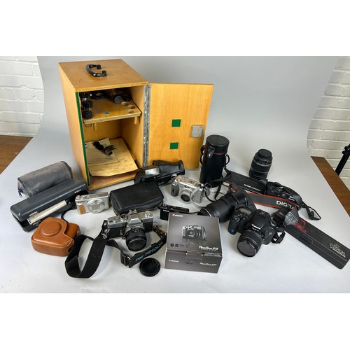 874 - A COLLECTION OF CAMERA AND EQUIPMENT TO INCLUDE CANON AND A MICROSCOPE (QTY)