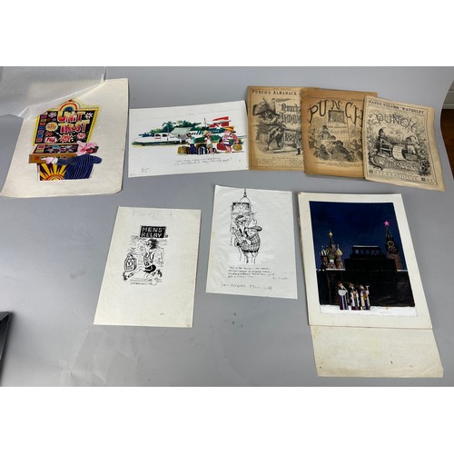 128 - GEOFFREY DICKINSON: A GROUP OF POLITICAL/SATIRICAL CARTOON DRAWINGS ON PAPER ALONG WITH THREE EARLY ... 