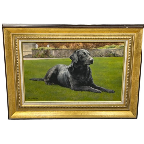 85 - SUE CASSON (20TH CENTURY BRITISH): AN OIL PAINTING ON CANVAS TITLED 'BLACK LABRADOR', 

54cm x 34cm.... 