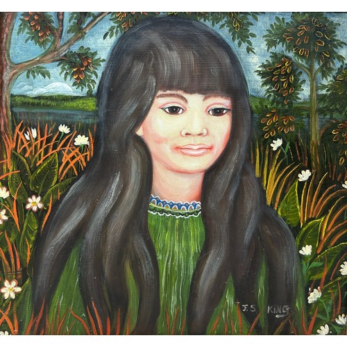 67 - JOHN KING-SUN DANCE: 'GIRL WITH GREEN DRESS': AN OIL PAINTING ON BOARD DATED 1969, 

38cm x 36cm. 

... 