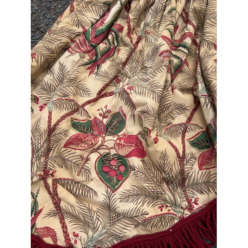 875 - A LARGE PAIR OF COLEFAX AND FOWLER FLORAL CURTAINS WITH PELEMET AND TWO RED TIE BACKS, 

Curtains 30... 