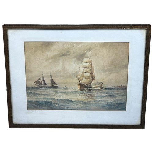 97 - A WATERCOLOUR PAINTING ON PAPER DEPICTING SHIPS AT SEA, 

Signed W.E.J. Dean. 

37cm x 27cm 

Mounte... 