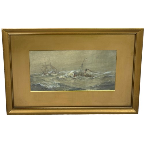 98 - A WATERCOLOUR PAINTING ON PAPER DEPICTING A SAILBOAT WITH A TUGBOAT ON CHOPPY WATERS, 

Signed W.E.J... 