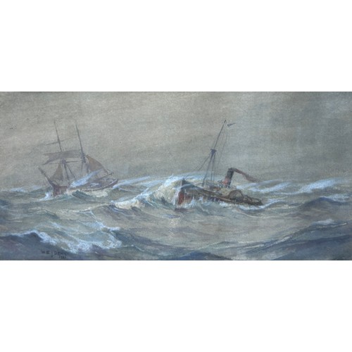 98 - A WATERCOLOUR PAINTING ON PAPER DEPICTING A SAILBOAT WITH A TUGBOAT ON CHOPPY WATERS, 

Signed W.E.J... 