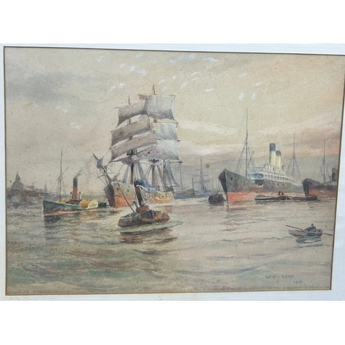 99 - A WATERCOLOUR PAINTING ON PAPER DEPICTING SHIPS 'ON THE THAMES', LONDON,

37cm x 27cm 

Mounted in a... 