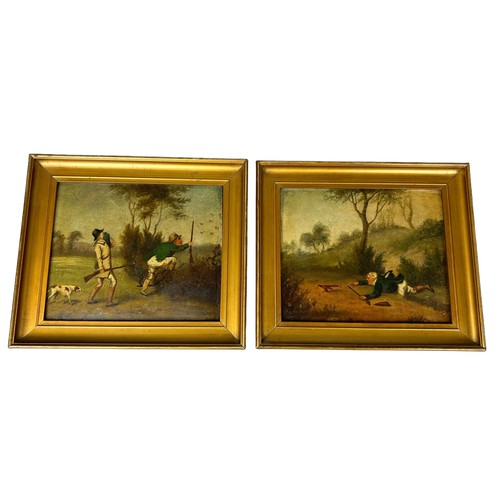 54 - A PAIVE OF 19TH CENTURY NAIVE OIL PAINTINGS ON CANVAS DEPICTING TWO GENTLEMAN HUNTING,

23cm x 18cm ... 