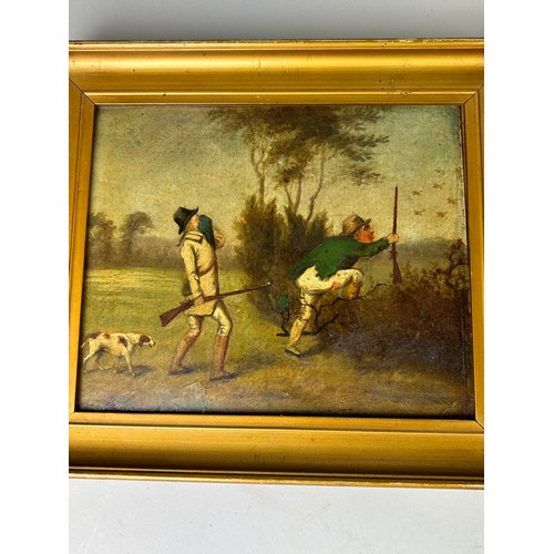 54 - A PAIVE OF 19TH CENTURY NAIVE OIL PAINTINGS ON CANVAS DEPICTING TWO GENTLEMAN HUNTING,

23cm x 18cm ... 