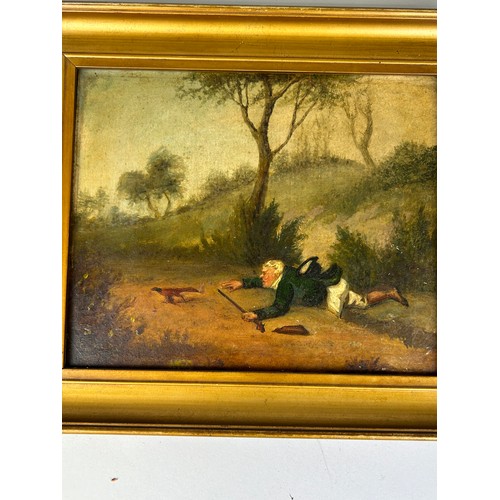 54 - A PAIVE OF 19TH CENTURY NAIVE OIL PAINTINGS ON CANVAS DEPICTING TWO GENTLEMAN HUNTING,

23cm x 18cm ... 