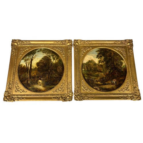 53 - A PAIR OF 19TH CENTURY CIRCULAR OIL PAINTINGS ON CANVAS DEPICTING WOODLAND SCENES WITH FIGURES, 

29... 