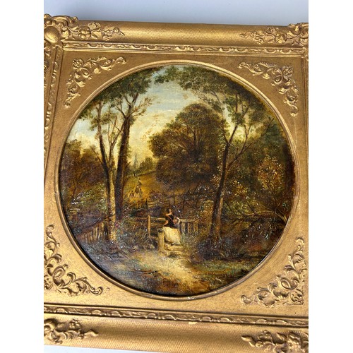 53 - A PAIR OF 19TH CENTURY CIRCULAR OIL PAINTINGS ON CANVAS DEPICTING WOODLAND SCENES WITH FIGURES, 

29... 