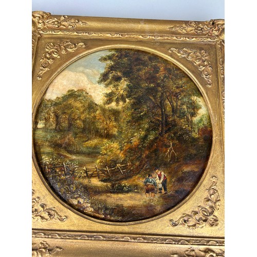 53 - A PAIR OF 19TH CENTURY CIRCULAR OIL PAINTINGS ON CANVAS DEPICTING WOODLAND SCENES WITH FIGURES, 

29... 