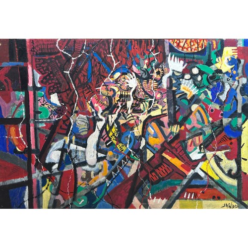 87 - 20TH CENTURY SCHOOL: A LARGE ABSTRACT OIL PAINTING ON CANVAS, 

Indistinctly signed.

100cm x 70cm 
... 