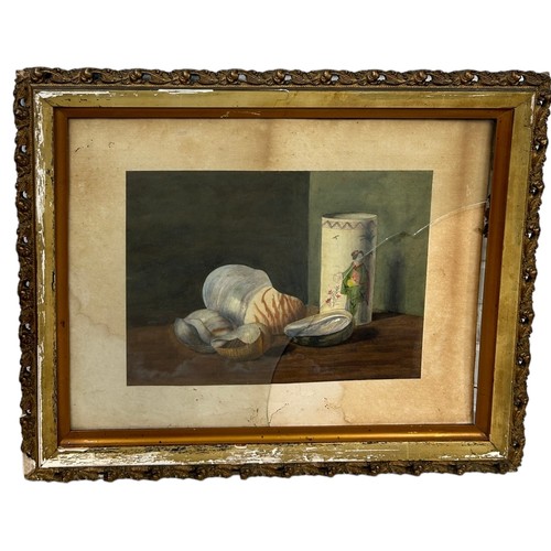 93 - A STILL LIFE WATERCOLOUR PAINTING DEPICTING A CHINESE SLEEVE VASE NAUTILUS SHELLS, 

Framed, broken ... 