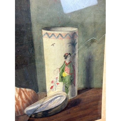 93 - A STILL LIFE WATERCOLOUR PAINTING DEPICTING A CHINESE SLEEVE VASE NAUTILUS SHELLS, 

Framed, broken ... 