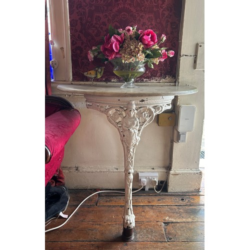 1 - A CAST IRON DEMI LUNE CONSOLE TABLE WITH MARBLE TOP, 

90cm x 80cm x 45cm