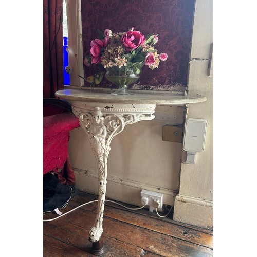 1 - A CAST IRON DEMI LUNE CONSOLE TABLE WITH MARBLE TOP, 

90cm x 80cm x 45cm