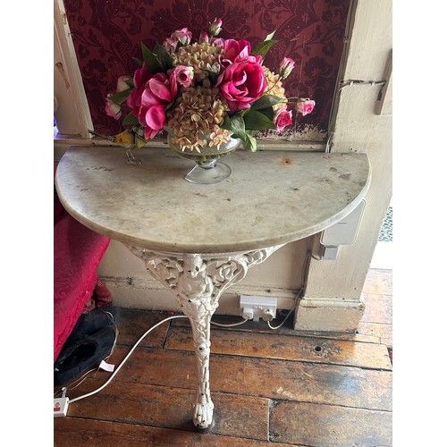 1 - A CAST IRON DEMI LUNE CONSOLE TABLE WITH MARBLE TOP, 

90cm x 80cm x 45cm