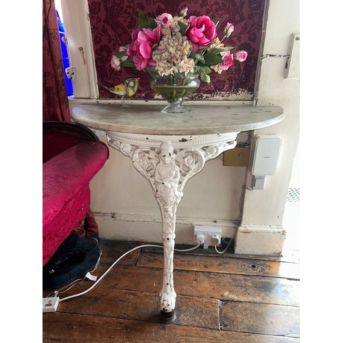 1 - A CAST IRON DEMI LUNE CONSOLE TABLE WITH MARBLE TOP, 

90cm x 80cm x 45cm