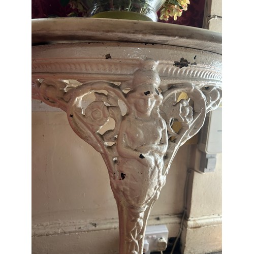 1 - A CAST IRON DEMI LUNE CONSOLE TABLE WITH MARBLE TOP, 

90cm x 80cm x 45cm